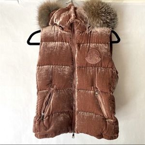 Moncler Gallinule Gilet Velvet Down Silk Vest Puffer Fox Fur Hood Pink M 2